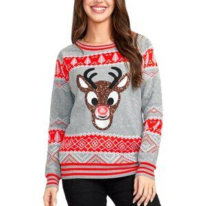 Women Grey Ugly Christmas Sweaters Embellished Winter Holiday Pullovers Sweaters